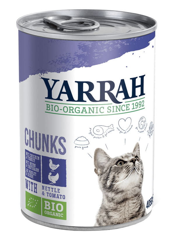Yarrah – Nassfutter Katzen-Dosenbrocken mit Huhn & Türkei Bio 12 x 405 gr-1