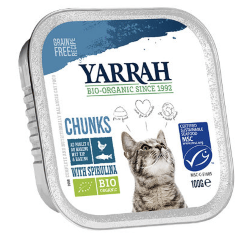 Yarrah – Brocken Katzenkübel mit Huhn & Fisch Bio 16 x 100 gr-1